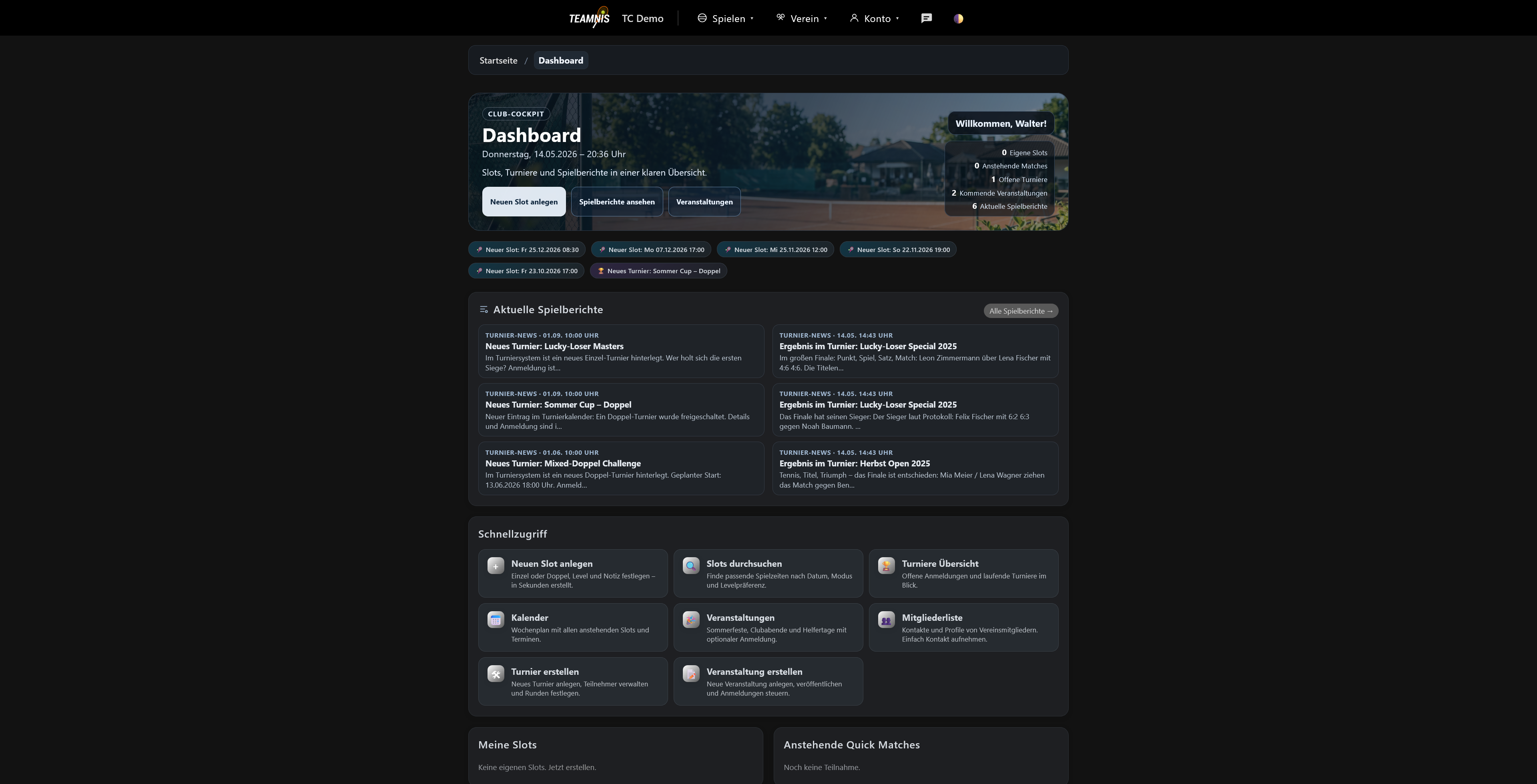 TEAMNIS 5.0 Dashboard – Dark Ansicht